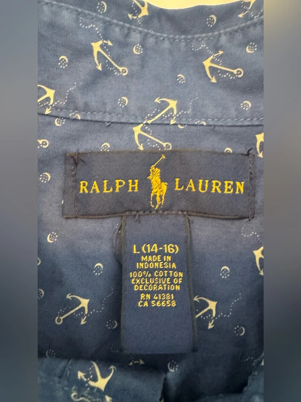 Ralph Lauren Blue Anchor Print Button Down Shirt Boys L 14-16 Women XS S